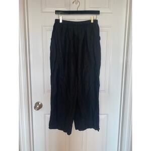Xiao Pants Black Linen Elastic Waist Made USA Lagenlook Wide Leg  Crop Large